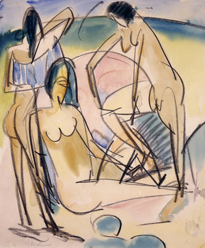 Bathers on the Shore, Fehmarn,  (watercolour and black crayon on paper)