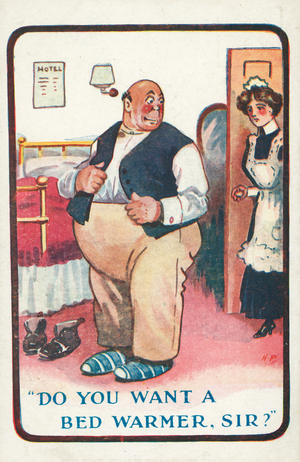 Do you want a bed warmer, Sir? (colour litho)