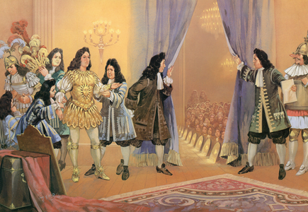 Louis the XIV prepares to portray the sun god at the palace of Versailles (colour litho)