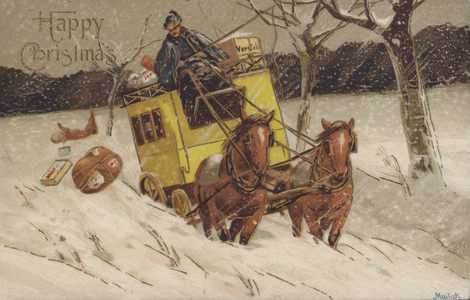 Christmas greetings card depicting a coach and horses, loaded with parcels, getting stuck in a snowdrift. (chromolitho)