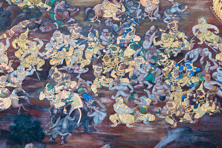 Mural depicting scenes from the Ramayana at Wat Phra Kaeo, the Royal Grand Palace, Bangkok, Thailand