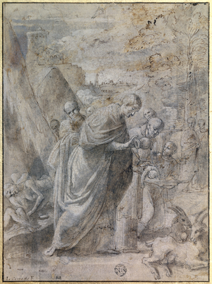 Baptism of a new born, 17th century (drawing)