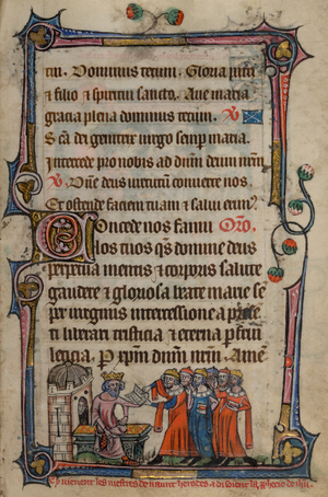 Bas-de-page scene of an enthroned Herod listening as six masters of the law show him the prophecies from an open book, with a caption reading 'Cy vienent les mestres devaut herodes et disorient la p[ro]phecie de ih[es]u'
