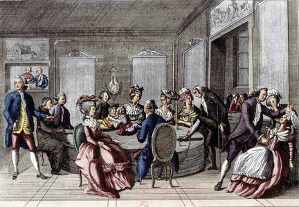 Franz Mesmer's tub : treatment by magnetism (tub with glass and filings of iron), engraving