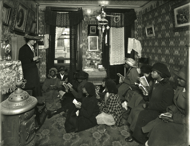 Evangelistic Committee, Mrs. Williams, 136 W. 99th Street, Miss Broad Teaches, 1916 (b/w photo)
