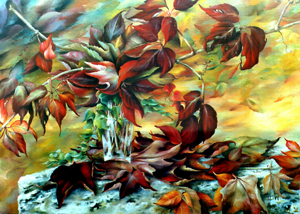Autumn leaves in a vase 1992 Heliette Wzgarda (b.1943 French) Oil on canvas