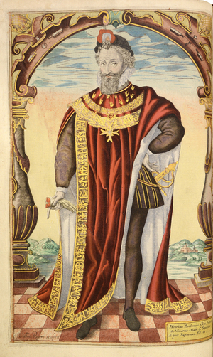 Henry IV of France, from 
Honor Military, and Civill, William Segar, pub. Robert Barker, London, 1602 (hand coloured engraving)