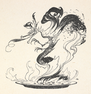 A dragon emerging from a plate of burning money
