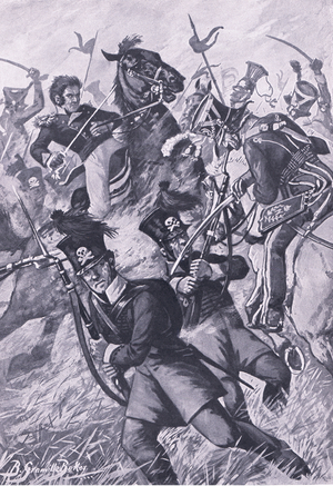 Death of the Duke of Brunswick at Quatre Bras 16th June 1815, illustration from 'British Battles on Land and Sea ', 1915 (litho)