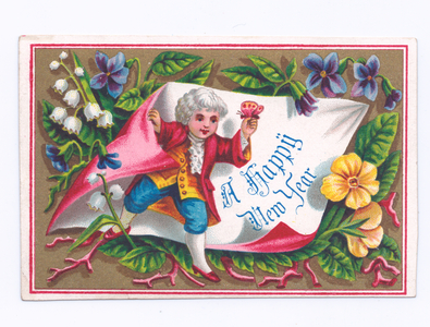 A Victorian New Year card of a boy dressed in regency costume holding a butterfly, c.1880 (colour litho)