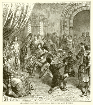 Mediaeval Pastime--Minstrels, Jugglers, and Dwarf (engraving)