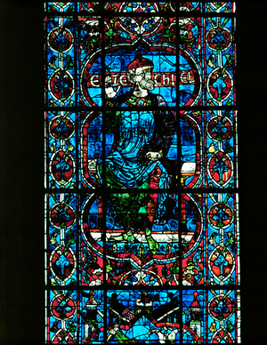 The prophet Ezekiel, from the window donated by the butchers'guild, upper register of the nave, Chartres Cathedral, 1220-1230 (stained glass)