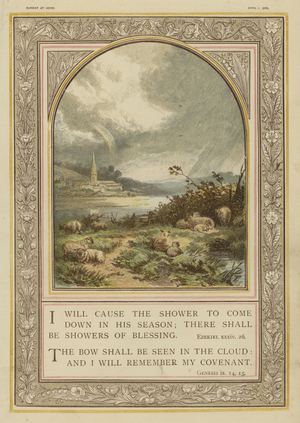 Bible, rain showers and rainbows, Ezekiel, Genesis (chromolitho)