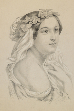Head of a woman wearing wreath and drapery, c.1870 (pencil with watercolour and white heightening on paper)