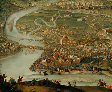 War of the Spanish Succession: Prince Eugene of Savoy relieves Torino, Italy, from the siege by French troops (painting on canvas)