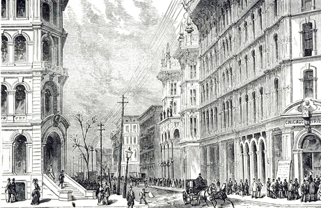 An engraving depicting a view of Madison Street, Chicago, 19th century