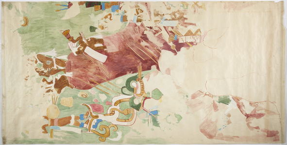 Tracing of a wall painting from the east wall, north end panel, Upper Temple of the Jaguars, Chichen Itza, Mexico Red ink tracing and watercolour (w/c & bodycolour)