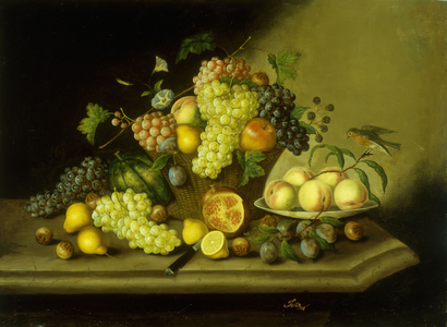 A Still Life with a Basket of Grapes and Mixed Fruit on a Stone Ledge (oil on canvas)