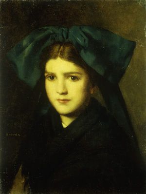 A portrait of a young girl with a bow in her hair (oil on canvas)