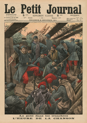 Happy party in the trenches, Song Time, front cover illustration from 'Le Petit Journal', supplement
illustre, 6th December 1914 (colour litho)