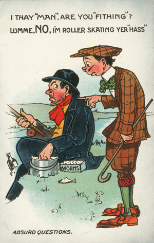 Man asking a stupid question of another man fishing (colour litho)