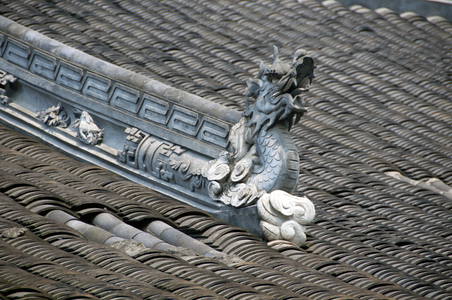 China: Dragon detail on the roof at Wenshu Yuan (Wenshu Temple), Chengdu, Sichuan Province