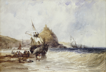 Unloading a Coaster Below St. Michael's Mount, (watercolour)