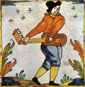 Guitar Player, 18th Century Painted Tile, Museo de Ceramica, Barcelona, Spain (colour painted tile)