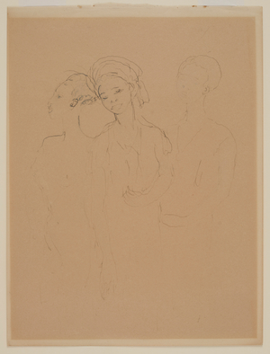 Three black women (pen and greenish-grey ink on yellowed paper)