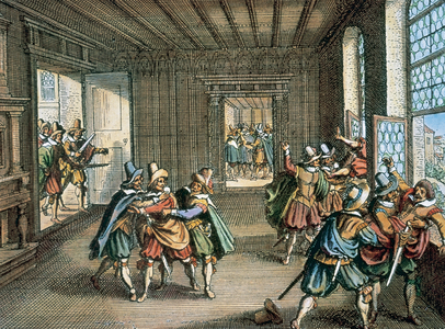 Second Defenestration of Prague, 1618. Engraving coloration.