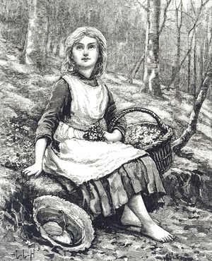 Engraving depicting a young girl gathering wild primrose, 19th century
