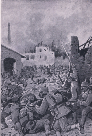 The storming of Strij (Poland) by the Prussian Guard, from The Illustrated History of the World War 1914-1915 pub. by Union Berlagsefellfchaft, 1922 Vol. 3 (litho)
