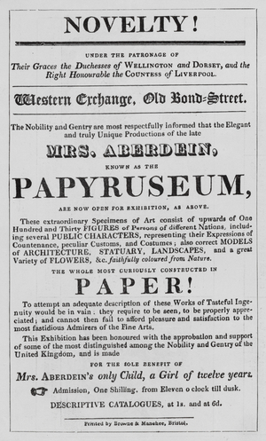 Advertisement for an exhibition of the work of Mrs Aberdein (engraving)