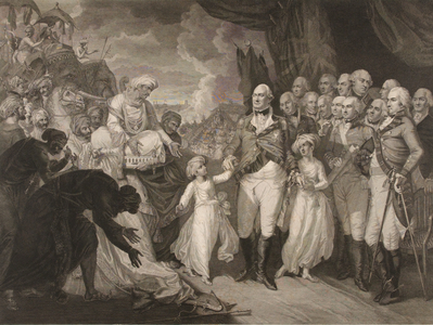 The Marquis Cornwallis receiving the Hostage princes, sons of Tippoo Sultan, 1792 (line engraving, coloured)