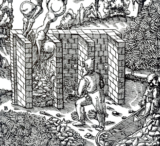 An engraving depicting the roasting of copper in a furnace, C. A is cakes of copper, B wooden bundles for heating, 16th century
