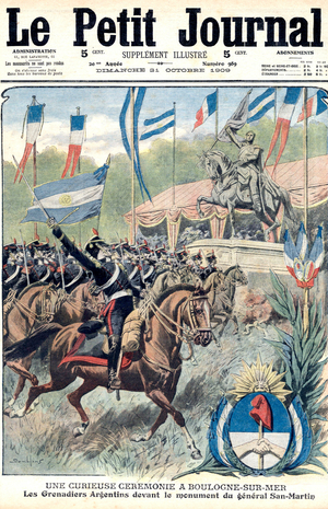 parade of argentinian grenadiers in front of the statue of general San Martin in Boulogne-sur-Mer (where he lived the last 25years of his life) , France, frontpage of newspaper Petit Journal october 17, 1909