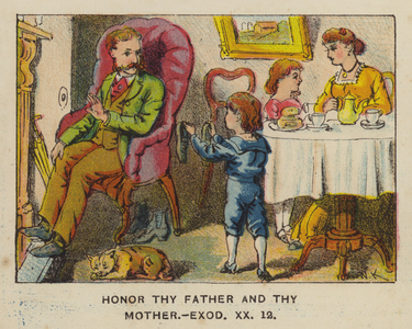 Honor thy father and thy mother, Exodus XX 12 (colour litho)