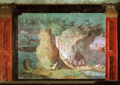 ROMAN ART: Scene from the Odyssey. Ulysses in the Palace of Crce. Fresco fro…, 50-40 B. C.  (fresco)