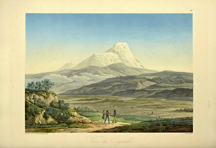 View of Cajambe, engraved by Bouquet, illustration from 'Vues des Cordillères et Monumens des Peuples Indigènes de l'Amérique' by Alexander von Humboldt and Aime Bonpland, 1813 (hand-coloured aquatint)