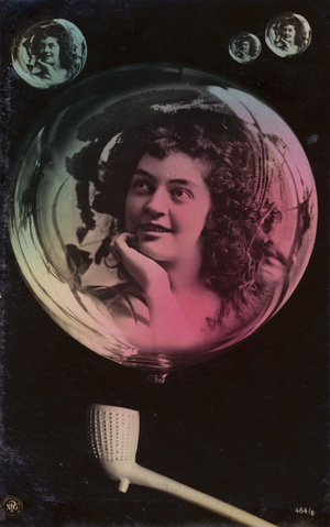 A young woman's face appearing in the bubbles blown from a clay pipe (tinted photocollage)