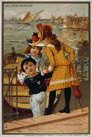 Leibig card depicting children on a boat by the coast, France, 1900