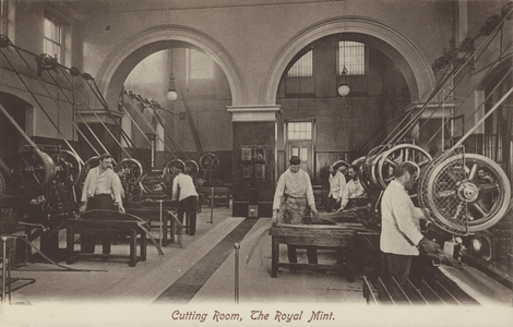Cutting room, the Royal Mint, London (b/w photo)