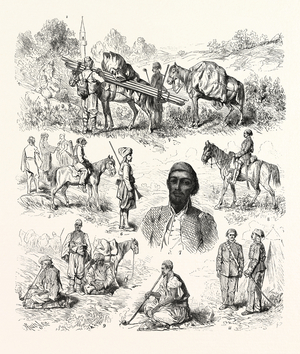 War in the East, Types of Turkish Soldiery, I.Rayah. 2.Soldiers of the Military Train. 3. Escort. 4,Conveying Tents. 5 Officers' Servant 3. 6 Gendarmerie, or Zaptichs. 7. Lmaun of a Battalion, Engraving 1876