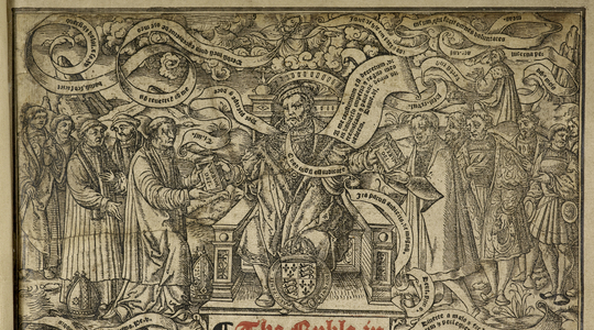 Title page detail depicting 'King Henry VIII Enthroned', from the 'Great Bible', c.1541 (woodcut)