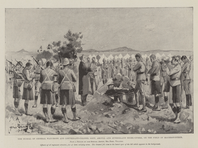 The Burial of General Wauchope and Lieutenant-Colonel Goff, Argyll and Sutherland Highlanders, on the Field of Magersfontein (litho)