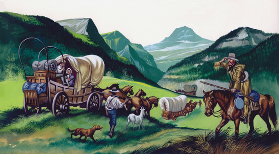 The wagons followed the National Road to the West (gouache on paper)