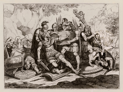 Marcus Calpurnius Flamma found alive beneath the bodies of his comrades killed by the Carthaginians (etching)