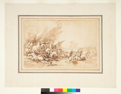 The Flight of Cloelia and Her Companions, 1650-1700 (pen and brown ink and brown wash over black chalk)