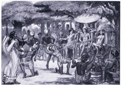 Chandragupta Maurya entertains his bride from Babylon 303 BC (litho)
