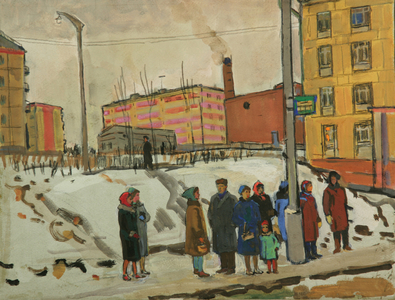 At the Bus Stop, Moscow, 1960s (tempera on paper)
